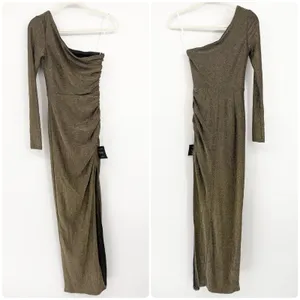 NWT Lulus Womens Precious Prize Gold Metallic Glam One‎ Shoulder Maxi Dress XS thumbnail 3
