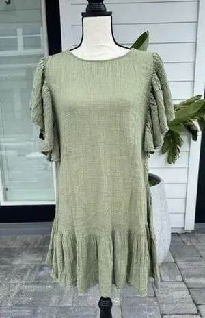 ZARA Cotton Ruffle Flutter Sleeve Mini Dress Natural Boho Khaki Travel Vacation XL thumbnail 1