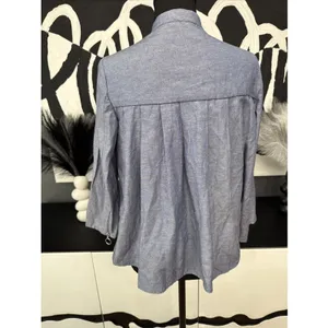 Zara Basic Chambray Ruffle Button Front Blouse Women’s XS Blue Long Sleeve EUC thumbnail 7