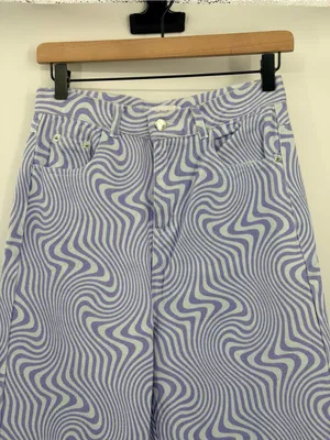SHEKOU Psychedelic Swirl Wide Leg Jeans Medium‎ Purple Blue Y2K Satin thumbnail 4