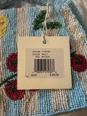 Sol and Mer Beaded Light Blue Striped Top-Handle Bag with Pasta and Tomato Motif thumbnail 3