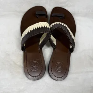 Tory Burch Woven Leather Toe Loop Flat Sandals Brown Cream Size‎ 7 thumbnail 7