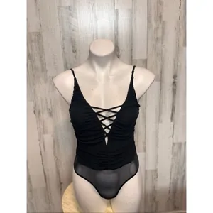 Windsor Black Lace Up Bodysuit Women’s M – Sheer Mesh Back, Ruched Front, Sexy N thumbnail 2