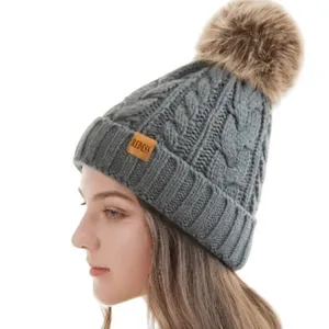 Winter Cozy Warm‎ Pom Pom Black Beanie Hat Cable Knit Fleece Lined Ski NWT thumbnail 6