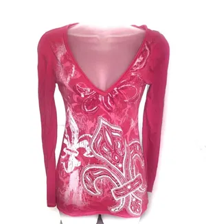 Y2K Anchor Blue Sequin Fleur de lis Long Sleeve Top Pink Small Fairy Grunge Punk thumbnail 3
