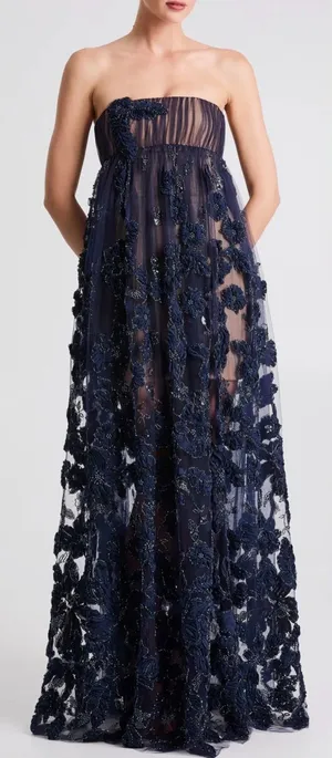 NEW HELSI Beatrice Strapless 3D Embellished Floral Sheer navy Gown sz XS thumbnail 1