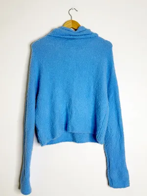 Free People Stormy Pullover Sweater Blue Cowl Neck Fuzzy Large thumbnail 7