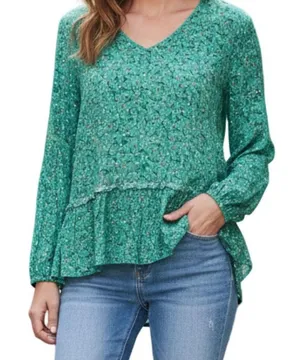 ⭐️PLEIONE Womens Green Floral Flowy Ruffle Oversized Blouse thumbnail 1