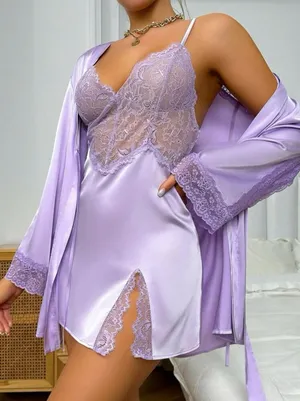 Lace details, satin sexy lounge set - M thumbnail 1
