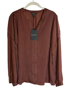 Goldray Studded V-Neck Blouse Brown M Womens Long Sleeve Satin Top NEW thumbnail 1