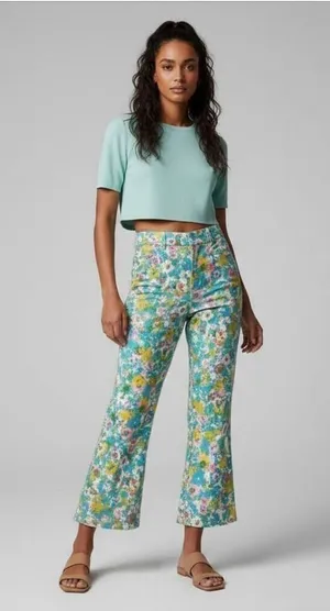 Zara High-Waisted Retro Floral Kick Flare Linen Pants Disco Cottagecore Sz 4 thumbnail 1