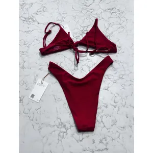 NWT Quince Cherry Red Knot Tie Bikini Top & High Leg Bottom Set Size XS thumbnail 2