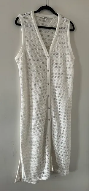 White Open Knit Crochet Button Front Sleeveless Midi Dress Large Coastal Resort thumbnail 1
