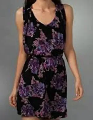 Free People Mini Dress S/P Black Purple Floral Cowl Neck Sleeveless‎ Boho thumbnail 1