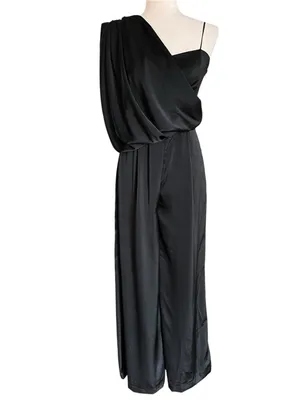 DO+BE black satin jumpsuit featuring an asymmetrical draped one-shoulder overlay thumbnail 12