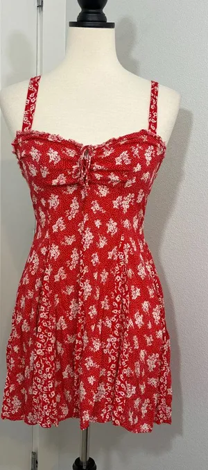 Free People Small Red Ditsy Floral Tie-Front Mini Tank Dress thumbnail 1