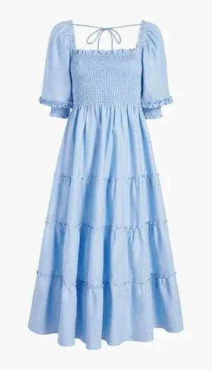 NWT Hill House Nesli Nap Dress in Light Blue Glitter Check Smocked Midi S thumbnail 1