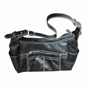 Black Faux Leather Hobo Shoulder Bag Contrast Stitch Y2K Slouchy Purse thumbnail 12