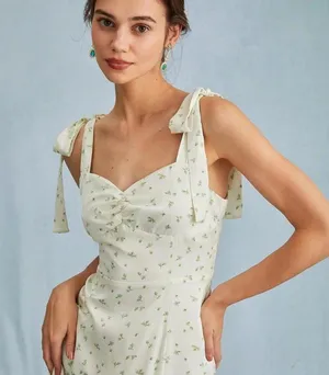 RIHOAS The Light Green Satin Floral Tie Strap Slit Midi Dress S 76 thumbnail 5