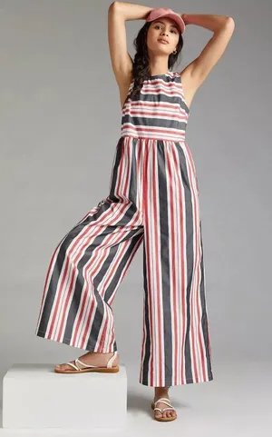 [Anthropologie] Maeve Red Gray Striped Wide Leg Sleeveless Jumpsuit Cotton Sz XL thumbnail 1