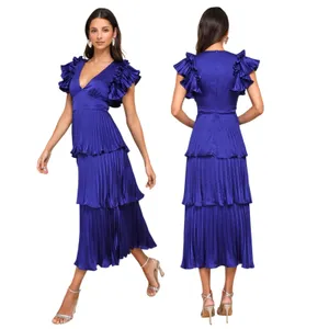 Lulus Stunning Desire Cobalt Blue Satin Pleated Tiered Midi Dress size XXL NWT thumbnail 2