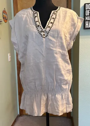 Sunny Leigh tan linen v-neck tunic drop waist peplum size L coastal boho casual thumbnail 1