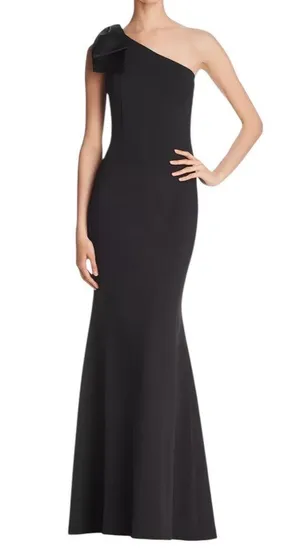 Eliza J Satin Bow One Shoulder Long Formal Dress Black Size 4 thumbnail 1