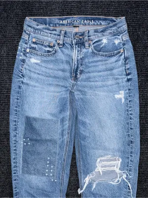 AE American Eagle 90s Straight Distressed Patched Jeans Strigid Denim Sz 00 R thumbnail 3