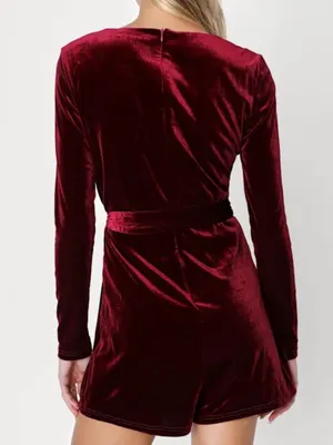 Lulus Women’s Romantic Moves Burgundy Velvet Long Sleeve Vneck Romper Size Small thumbnail 2