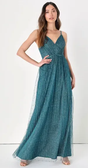 Lulus Sensationally Sparkly Dark Teal Green Lurex Maxi Dress Women's S mermaid thumbnail 1