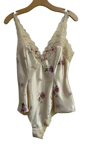 Vintage Victorias Secret Floral Satin Lace Bodysuit Cream Pink Medium thumbnail 1
