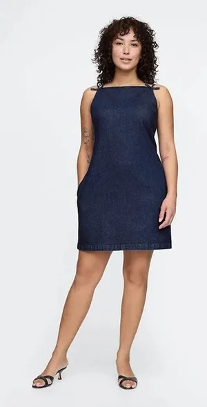 GAP Denim Mini Shift Dress Dark Wash Square Neck Size Small thumbnail 1