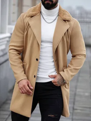 Men's Camel Faux Fur Collar Overcoat thumbnail 1