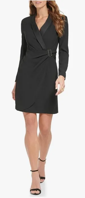 NWT chawl Lapel Faux Wrap Dress in black size M thumbnail 1