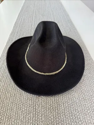 Source Unknown Black Felt Cowboy Hat w Tripe Row Rhinestone Crystal Band thumbnail 3