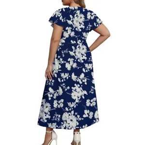 NWT ~ Women's Blue & White Plus Size Floral Butterfly Sleeve Maxi Dress ~ 1X thumbnail 2