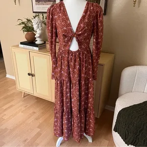 WAYF Burnt‎ Orange Floral Keyhole Tiered Midi Dress Size Small NWOT thumbnail 2