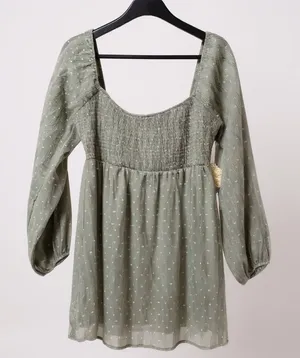 Altar'd State Mini Dress Swiss Dot Sage Green Smocked Long Sleeve NWT‎ Boho L thumbnail 1