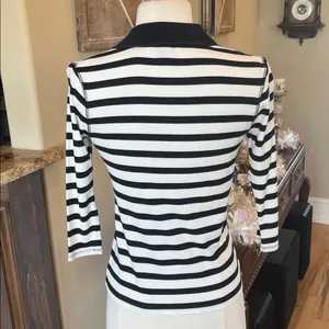 Tommy Hilfiger Black and White Striped Cotton Knit V Neck Collared 3/4 Sleeve thumbnail 5