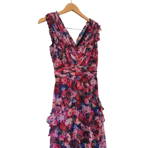 AQUA Formal Floral Ruffle Maxi Dress Pink Blue V-Neck‎ Sleeveless Size 0 NEW thumbnail 4