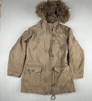 Y2K GAP Utility Parka Jacket Faux Fur Hood Tan Khaki Women’s Small thumbnail 1