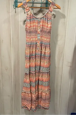 Source Unknown Cute stretchy tiered shell button front maxi dress aztec boho breezy smocked thumbnail 1