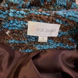 Erin London Jacket Women's Medium Brown Blue Long Sleeve Fuzzy Belted Blazer thumbnail 4