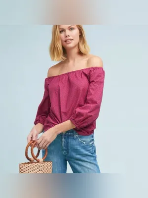 Anthropologie Maeve Off Shoulder Top Pink Blue Floral Feminine Smocked thumbnail 3