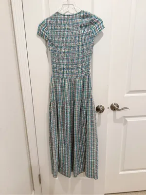 DAMSON MADDER NWT Ebba Smocked Midi Dress in Picnic Blue Check Cottagecore US 2 thumbnail 5