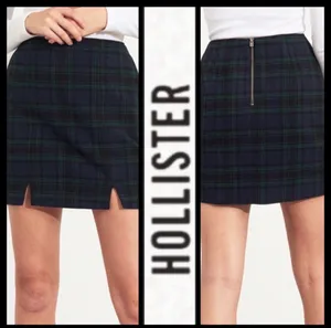 Hollister Navy & Green Plaid Wool Blend Mini Skirt with Front Slits thumbnail 2
