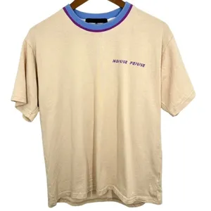 HOMME FEMME Small Beige Logo T-Shirt Ribbed‎ Collar Retro Streetwear Knit Tee thumbnail 1