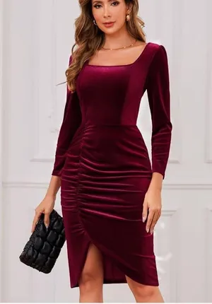NEW Velvet Cocktail Formal Midi Long Sleeve Winter Dress S thumbnail 8
