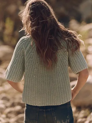 Free People Cameo Green Amy Cotton Sweater Tee Chunky Knit thumbnail 6