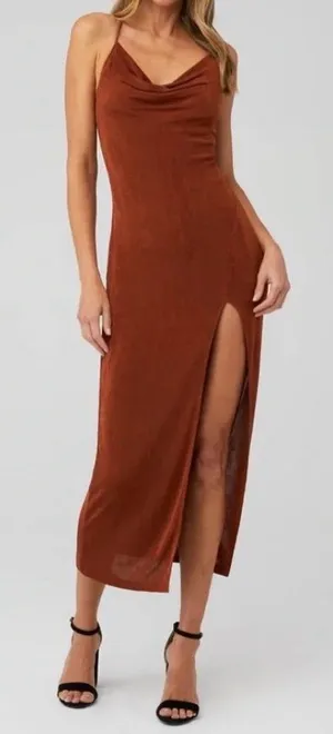 Cowl-Neck Midi Slip Dress in Rust Brown thumbnail 1